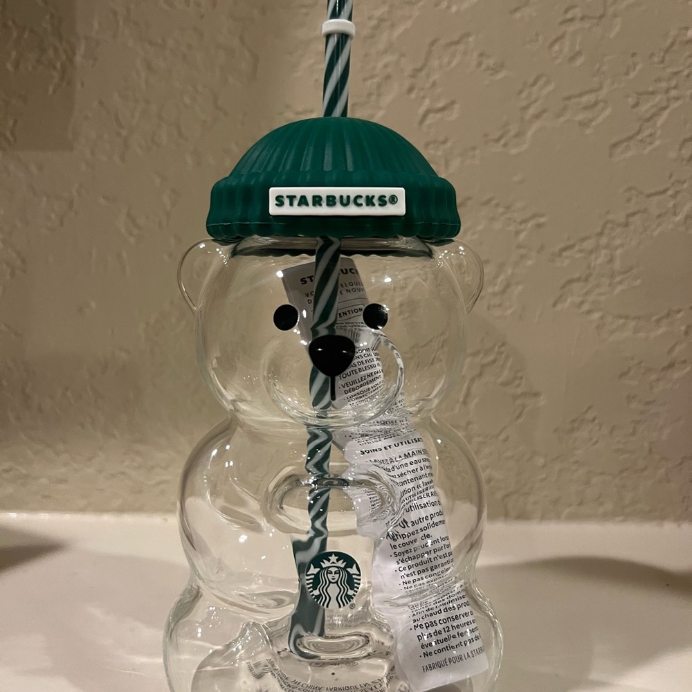 STARBUCKS BEARISTA BEAR GLASS CUP BRAND NEW W BOX Green & white Bear ShapedGlass